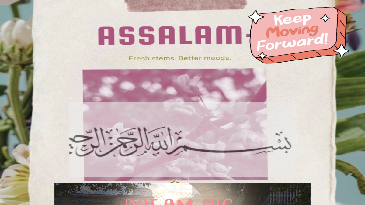 A collage-style graphic with flowers around the edges and a central white card reading 'ASSALAM' and Arabic calligraphy, plus a pink sticker that says 'Keep Moving Forward!' and a smaller motivational quote at the bottom.