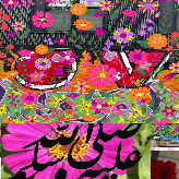 A highly colorful collage-style floral artwork filled with pink, orange, purple, yellow, and green flowers, black script lettering, and abstract geometric shapes over a dark textured background.