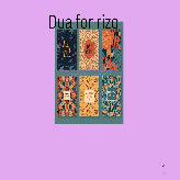 A digital preview of six Islamic dua cards with bohemian patterns, displayed on a solid lavender background with the text 'Dua for rizq' at the top and a page number '1' in the bottom right corner.