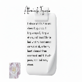 Pink prayer card with pink text reading 'Affirmations for Forgiveness' and a handwritten forgiveness affirmation, shown over a blurred dark background with a small product photo inset in the lower left.