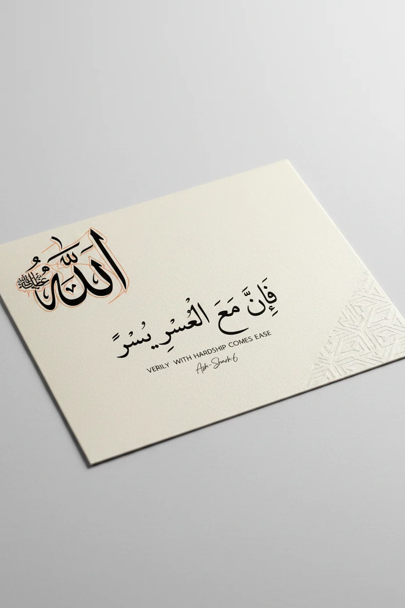 Ash-Sharh 6 greeting card — Verily with hardship comes ease, Arabic calligraphy on cream card with Allah sticker